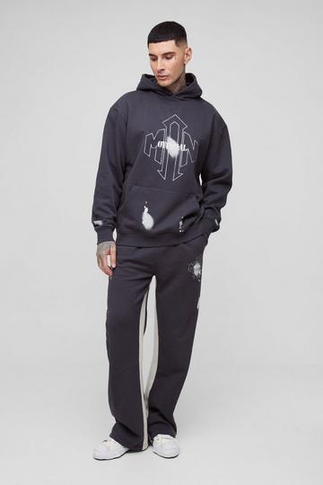 Tall Oversized Man Paint Splatter Hooded Relaxed Flare Tracksuit black