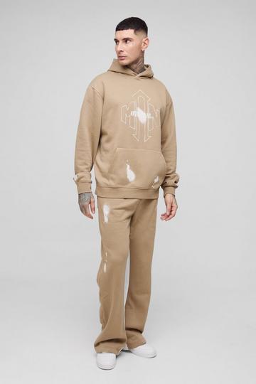 Tall Oversized Man Paint Splatter Hooded Relaxed Flare Tracksuit taupe