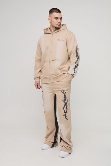 Tall Oversized Zip Thru Graphic Spray Wash Hooded Relaxed Flare Tracksuit stone