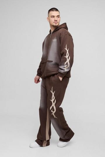 Tall Oversized Zip Thru Graphic Spray Wash Hooded Relaxed Flare Tracksuit chocolate