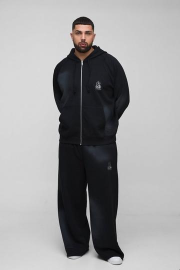 Plus Oversized Raglan Zip Thru Embroidered Spray Wash Hooded Tracksuit black