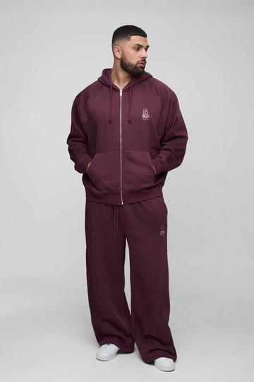 Plus Oversized Raglan Zip Thru Embroidered Spray Wash Hooded Tracksuit burgundy