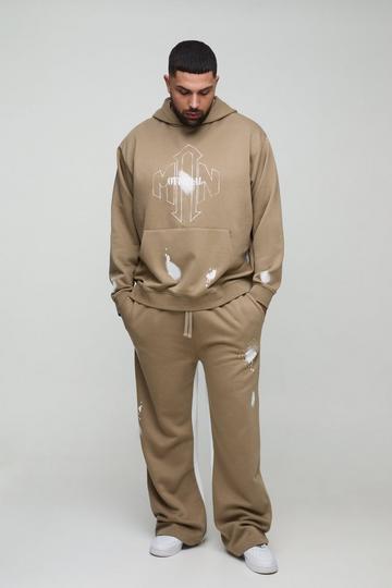 Plus Oversized Man Paint Splatter Hooded Relaxed Flare Tracksuit taupe