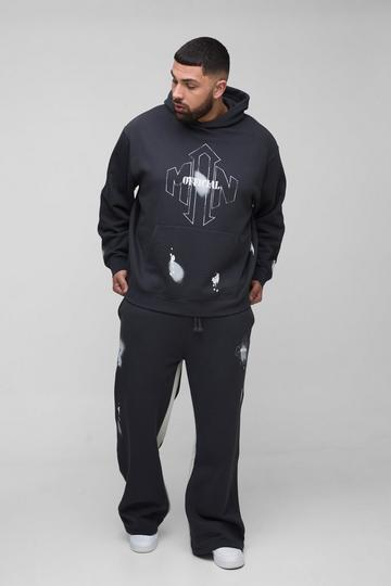 Plus Oversized Man Paint Splatter Hooded Relaxed Flare Tracksuit black