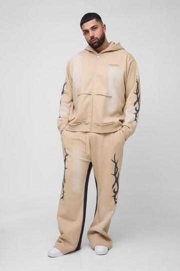 Stone Beige Plus Oversized Zip Thru Graphic Spray Wash Hooded Relaxed Flare Tracksuit