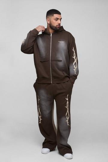 Chocolate Brown Plus Oversized Zip Thru Graphic Spray Wash Hooded Relaxed Flare Tracksuit