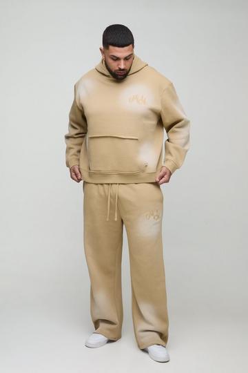 Stone Beige Plus Oversized Boxy Distressed Official Applique Spray Wash Hooded Tracksuit