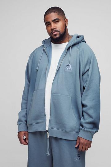 Plus Oversized Geborduurde Raglan Spray Wash Hoodie Met Rits charcoal