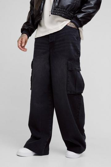 Black Tall Denim Cargo Parachute Jeans with Pleat Waist Detail