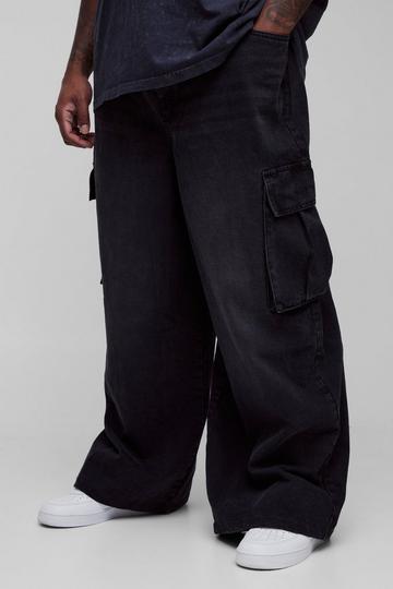 Black Plus Denim Cargo Parachute Jeans with Pleat Waist Detail