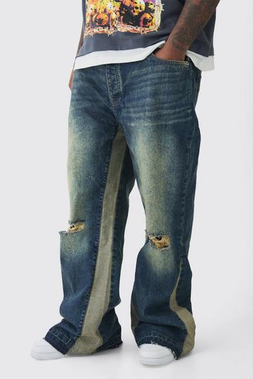 Plus Relaxed Rigid Flare Knee Rip Jeans antique wash