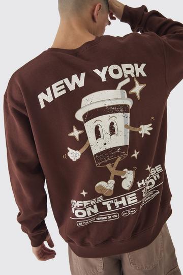 Chocolate Brown Oversized Coffee House Graphic Sweatshirt