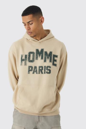 Ecru White Oversized Homme Varsity Paris Graphic Hoodie