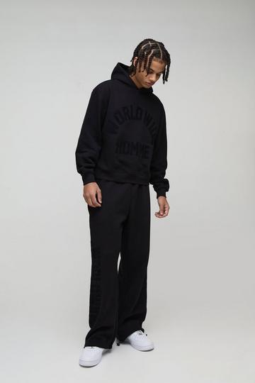 Oversized Boxy Flock Print Wide Leg Tie Cuff Tracksuit black