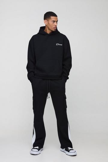 Black Oversized Boxy Hoodie & Raw Hem Cargo Gusset Jogger Tracksuit