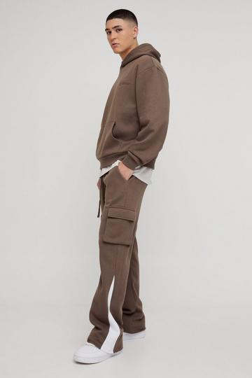 Chocolate Brown Oversized Boxy Hoodie & Raw Hem Cargo Gusset Jogger Tracksuit