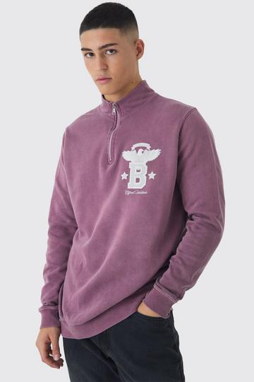 Regular Fit B Eagle MMXIII Varsity Graphic Quarter Zip Washed Sweatshirt burgundy