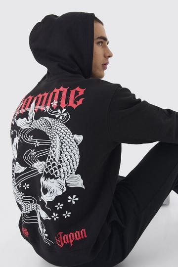 Black Boxy Homme Koi Carp Graphic Hoodie