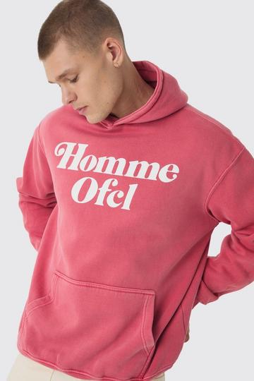 Red Oversized Homme OFCL Graphic Washed Hoodie