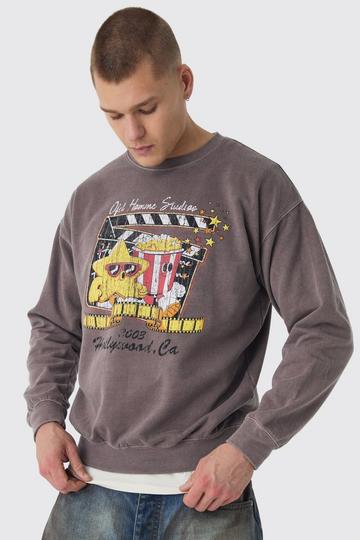 Cartoon Movie Graphic Washed Sweatshirt mahogany