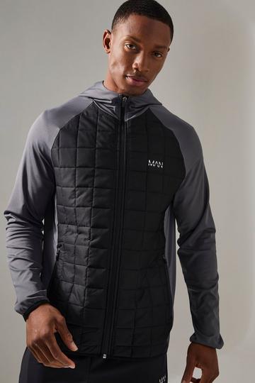 Charcoal Grey Man Active Check Quilted Zip Through Hoodie