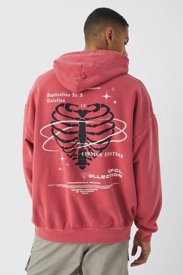 Red Oversized Washed Skeleton Heart Back Graphic Hoodie