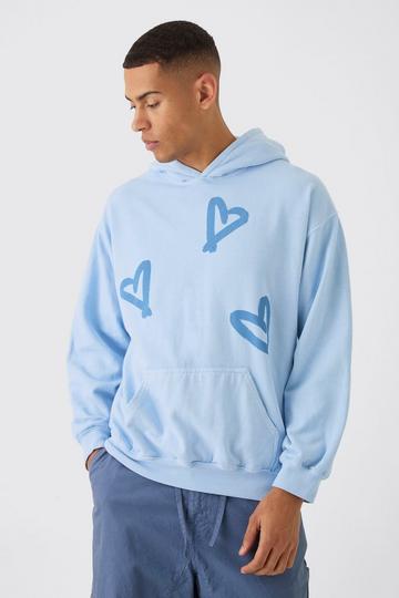 Blue Oversized Washed Graffiti Heart Graphic Hoodie