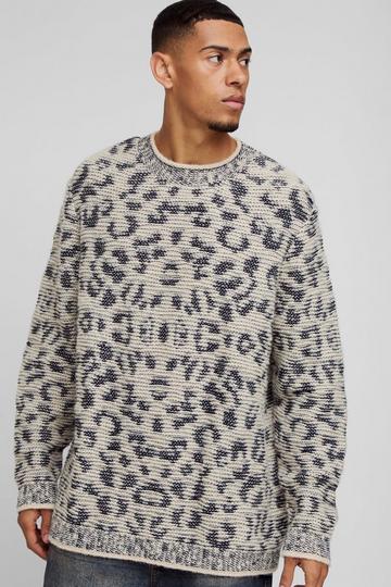 Oversized Jacquard Leopard Print Brushed Knitted Jumper ecru