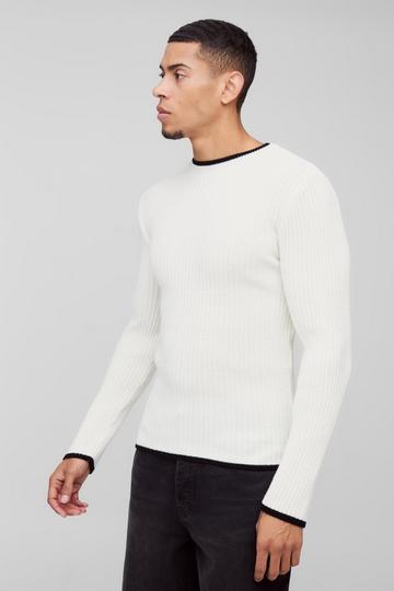 Muscle Fit Contrast Colour Long Sleeve Knitted Jumper white