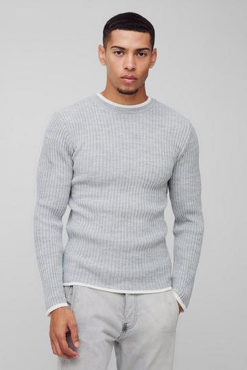 Muscle Fit Contrast Colour Long Sleeve Knitted Jumper grey