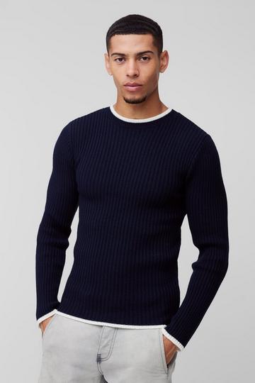 Muscle Fit Contrast Colour Long Sleeve Knitted Jumper navy