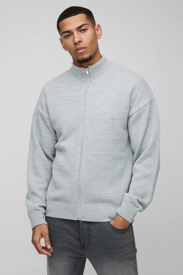 Relaxed Fit Boucle Zip Up Knitted Jumper grey