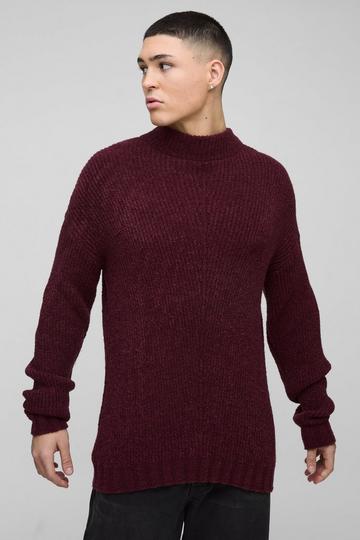 Burgundy Red Relaxed Fit Boucle Funnel Neck Knitted Jumper