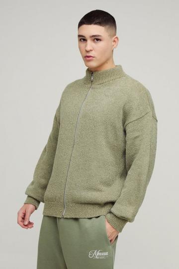 Relaxed Fit Boucle Zip Up Knitted Jumper khaki