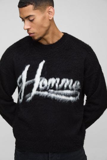 Homme Oversized Boxy Brushed Slogan Knitted Jumper black