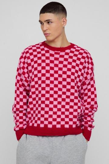 Pink Oversized Boxy Checkered Knitted Brushed Jumper