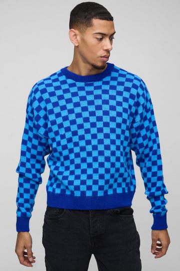 Oversized Boxy Checkered Knitted Brushed Jumper blue