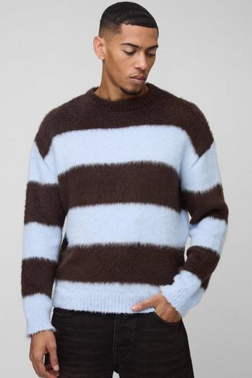 Brown Oversized Boxy Stripe Brushed Knitted Jumper