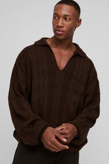 Brown Oversized Boxy Cable Knit Polo Jumper