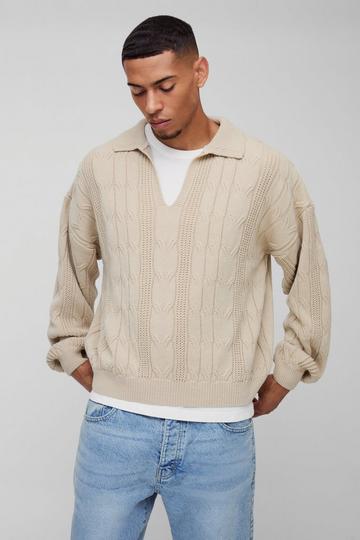 Oversized Boxy Cable Knit Polo Jumper stone