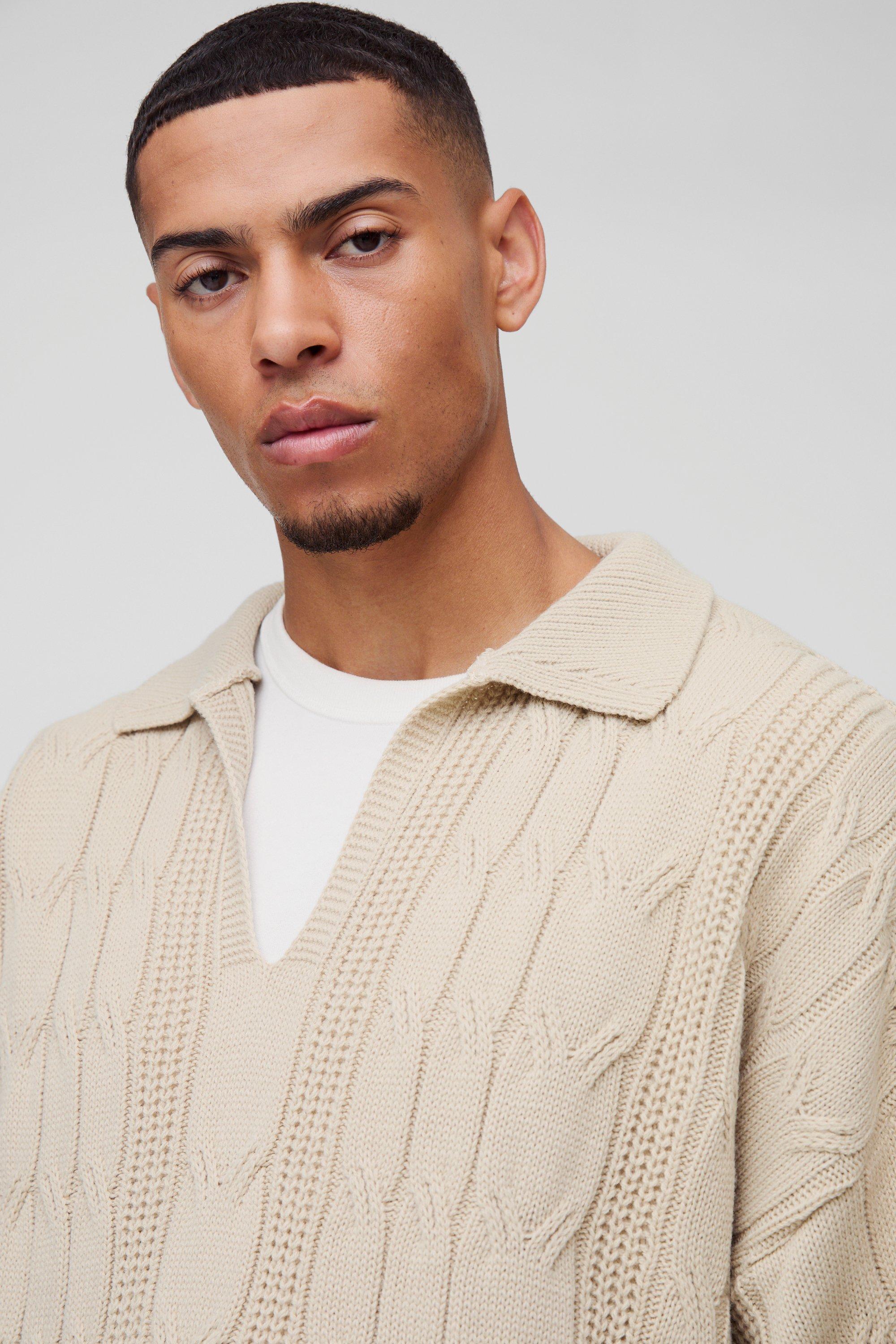 Oversized Boxy Cable Knit Polo Jumper boohoo USA