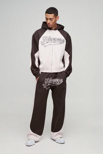 Chocolate Brown Oversized Boxy Colour Block Homme Printed Zip Through Tracksuit