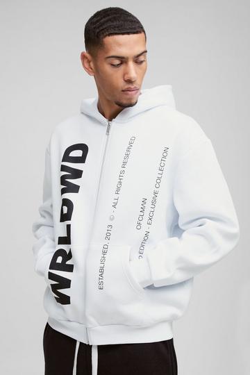 Oversized Worldwide Text Zip Through Hoodie white