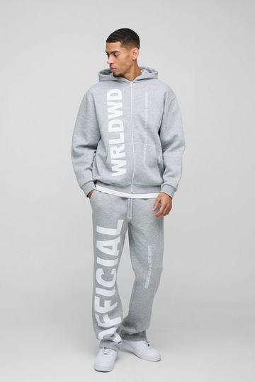 Oversized Worldwide Official Text Print Zip Through Tracksuit grey marl