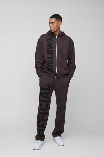 Oversized Worldwide Official Text Print Zip Through Tracksuit brown