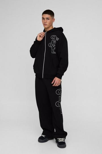 Black Oversized Boxy Official Outline Zip Through Hooded Tracksuit