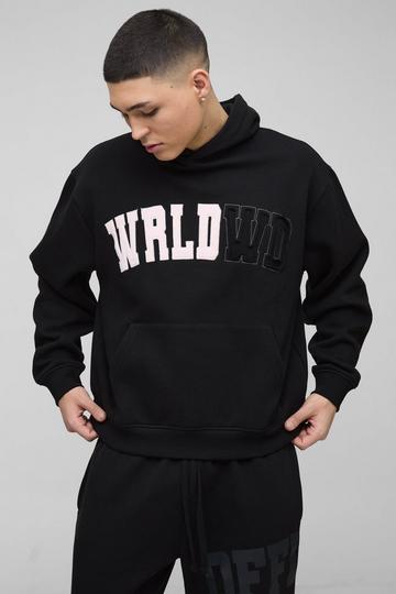 Oversized Boxy Worldwide Distressed Applique Hoodie black