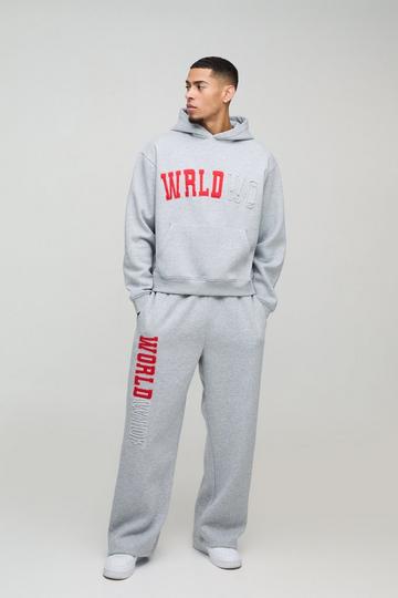 Oversized Boxy Worldwide Distressed Applique Hooded Tracksuit grey marl