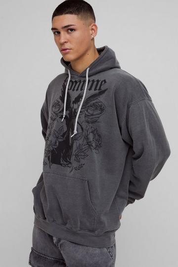 Charcoal Grey Oversized Washed Renaissance Graphic Hoodie