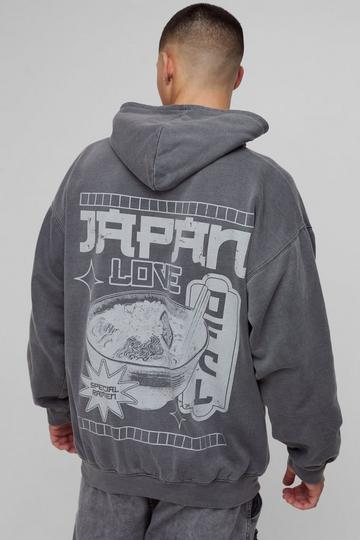 Charcoal Grey Oversized Washed Japan Graphic Hoodie